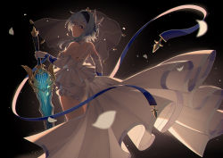 Rule 34 | 1girl, adapted costume, ass, bare back, bare shoulders, black background, black hairband, blue hair, blue ribbon, breasts, bridal veil, dress, elbow gloves, eula (genshin impact), genshin impact, gloves, hairband, highres, holding, holding sword, holding weapon, looking at viewer, looking back, medium breasts, medium hair, multicolored eyes, profile, purple eyes, ribbon, solo, sword, veil, weapon, wedding dress, white dress, white gloves, yellow eyes, yu e baba