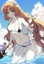 Rule 34 | 1girl, bikini, black bikini, blush, bow, breasts, dante (limbus company), day, flower, freckles, green eyes, hairband, harpoon, heathcliff (project moon), highres, holding, ishmael (project moon), korean commentary, limbus company, long hair, looking at viewer, maratang, medium breasts, orange hair, outdoors, pale skin, project moon, rope, sarong, sky, solo focus, swimsuit, very long hair, wading, water, white bow, white flower, white hairband