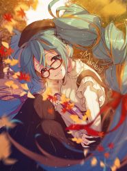 Rule 34 | 1girl, alternate costume, aqua hair, autumn leaves, bad id, bad pixiv id, beret, bespectacled, black skirt, blue eyes, book, brown hair, brown hat, clenched teeth, glasses, hair ornament, hair ribbon, half-closed eyes, hat, hatsune miku, highres, holding, holding book, leaf, long hair, long sleeves, looking at viewer, manle, multicolored hair, purple ribbon, red-framed eyewear, red ribbon, ribbon, skirt, smile, solo, sweater, teeth, twintails, two-tone hair, very long hair, vocaloid, white sweater, x hair ornament