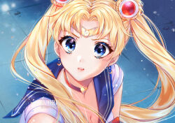 Rule 34 | 1girl, artist name, bishoujo senshi sailor moon, bishoujo senshi sailor moon s, blonde hair, blue background, blue eyes, blue sailor collar, bow, bowtie, breasts, choker, circlet, cleavage, collared shirt, commentary, crescent, crescent earrings, dangle earrings, derivative work, double bun, earrings, eloru, english commentary, eyelashes, hair bun, hair ornament, heart, heart choker, jewelry, light blush, long hair, medium breasts, meme, parted bangs, parted lips, pebble, pink lips, red bow, red bowtie, red choker, sailor collar, sailor moon, sailor moon redraw challenge (meme), sailor shirt, screenshot redraw, shirt, short sleeves, solo, tile floor, tiles, tsukino usagi, twintails, upper body, watermark, white shirt, white sleeves