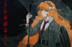 Rule 34 | 1girl, absurdres, arm shield, black coat, black vest, bow, coat, collared shirt, dibillius, hair bow, highres, holding mace, ishmael (project moon), limbus company, long hair, long sleeves, looking at viewer, necktie, ocean, orange hair, project moon, red necktie, shirt, solo, very long hair, vest, waves, whale, white bow, white shirt, wing collar