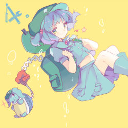 Rule 34 | 1girl, animalization, backpack, bag, blue hair, boots, dual persona, green eyes, hair bobbles, hair ornament, hat, hopeless masquerade, kawashiro nitori, reeh (yukuri130), rubber boots, skirt, skirt set, smile, star (symbol), touhou, turtle, twintails, two side up