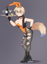 Rule 34 | 1girl, absurdres, animal ears, artist name, bare arms, bare shoulders, black choker, black gloves, black jacket, black pantyhose, blonde hair, blue eyes, blue hair, bottle, breasts, choker, commentary, commission, cropped jacket, cup, drinking glass, english commentary, fake animal ears, fingerless gloves, full body, gloves, hair between eyes, hair ornament, hairband, hand on own hip, hayami (ganba210), high heels, highres, holding, holding tray, jacket, large breasts, leaning forward, leotard, looking at viewer, multicolored hair, open clothes, open jacket, orange leotard, original, pantyhose, rabbit ears, rob ishi, short hair, simple background, sleeveless, sleeveless jacket, smile, solo, split mouth, tail, thigh strap, torn clothes, torn pantyhose, tray, two-tone hair, x hair ornament