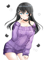 Rule 34 | 1girl, aran sweater, bad id, bad pixiv id, bare shoulders, black choker, black hair, blue eyes, blush, breasts, cable knit, choker, closed mouth, collarbone, commentary request, fingernails, hair between eyes, hair ornament, hairclip, hand up, highres, kurata rine, long hair, long sleeves, medium breasts, mole, mole under eye, off-shoulder sweater, off shoulder, original, purple sweater, sleeves past wrists, smile, solo, sweater
