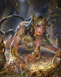Rule 34 | 1girl, absurdres, all fours, amulet, animal ears, armband, armlet, armor, bastet (mythology), braid, breasts, cat ears, cat mask, cleavage, coin, collar, copyright name, dated, dutch angle, earrings, egypt, eye of horus, facial mark, gem, gold, green eyes, hair ornament, hairband, highres, indoors, jeremy chong, jewelry, long hair, mask, mobius final fantasy, nose piercing, parted lips, pauldrons, piercing, pillar, pot, ring, shoulder armor, square enix, tail, temple, very long hair, watermark, whisker markings