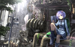 Rule 34 | 1girl, :o, back, backpack, bag, blue eyes, blue footwear, blue hair, boots, bridge, building, dappled sunlight, frilled shirt collar, frilled skirt, frills, gears, hair bobbles, hair ornament, hat, head tilt, unworn headwear, kawashiro nitori, key, leg up, long sleeves, machinery, matching hair/eyes, megaphone, open mouth, outdoors, parted lips, industrial pipe, pole, ryosios, short hair, sitting, skirt, solo, steam, sunlight, tablet pc, touhou, tree, twintails, two side up