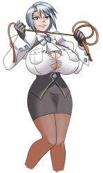 Rule 34 | 1girl, ace attorney, ace attorney investigations, alternate breast size, ascot, black gloves, blue eyes, breasts, brown pantyhose, bursting breasts, capcom, cleavage, formal, franziska von karma, gloves, holding, huge breasts, impossible clothes, impossible shirt, knees together feet apart, looking at viewer, matsu-sensei, miniskirt, narrow waist, pantyhose, pencil skirt, puffy sleeves, shirt, short hair, silver hair, simple background, skirt, skirt suit, smile, solo, straining buttons, suit, taut clothes, taut shirt, teeth, tight clothes, tight shirt, undersized clothes, uniform, whip, white background, wide hips, wrist cuffs