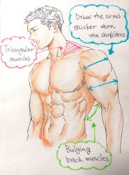 Rule 34 | 1boy, abs, absurdres, anatomy, arms at sides, arrow (symbol), closed eyes, colored pencil (medium), cropped torso, english text, guide, highres, how to, large pectorals, male focus, muscular, muscular male, no nipples, original, outstretched arms, pectorals, photo (medium), solo, traditional media, yoshimura takuya