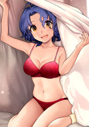 Rule 34 | 1girl, :d, absurdres, arms up, bad id, bad pixiv id, bed, bed sheet, blanket, blue hair, bra, breasts, cleavage, collarbone, cowlick, floral print, hair over eyes, highres, idolmaster, idolmaster million live!, indoors, light blush, light particles, looking at viewer, medium breasts, nail polish, navel, on bed, open mouth, panties, parted bangs, red bra, red panties, short hair, sitting, sleeveless, smile, socks, solo, toyokawa fuka, underwear, underwear only, wariza, yellow eyes