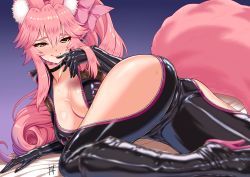 Rule 34 | 1girl, animal ear fluff, animal ears, ass, black bodysuit, blush, bodysuit, bow, breasts, center opening, choker, cleavage, fate/grand order, fate (series), fox ears, fox girl, fox tail, guriguri (arayotto4351), hair between eyes, hair bow, high heels, highres, hip vent, koyanskaya (assassin) (first ascension) (fate), koyanskaya (fate), large breasts, long hair, looking at viewer, pink bow, pink hair, ponytail, sidelocks, smile, solo, sweat, tail, tamamo (fate), thighs, yellow eyes