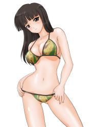 Rule 34 | 10s, 1girl, bikini, breasts, brown eyes, brown hair, camouflage, camouflage bikini, cleavage, contrapposto, expressionless, girls und panzer, gluteal fold, hand on own hip, long hair, looking at viewer, matsui yasutsugu, mature female, navel, nishizumi shiho, simple background, solo, standing, swimsuit, white background