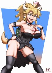 Rule 34 | 1girl, armlet, armpits, bare shoulders, blonde hair, bowsette, bracelet, breasts, broken torpedo, cleavage, collar, collarbone, covered erect nipples, covered navel, earrings, highres, jewelry, large breasts, leotard, looking at viewer, mario (series), mushroom, new super mario bros. u deluxe, nintendo, open mouth, outstretched arms, pointy ears, ponytail, saliva, sharp teeth, simple background, skin tight, solo, spiked armlet, spiked bracelet, spiked collar, spiked shell, spikes, spread arms, strapless, tail, teeth, thighhighs, tongue, tongue out