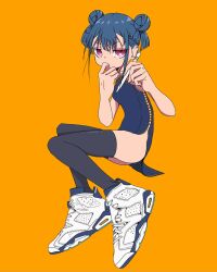 Rule 34 | 1girl, black thighhighs, blue dress, blue hair, china dress, chinese clothes, double bun, dress, finger to mouth, full body, hair bun, hands up, highres, holding, holding stylus, looking at viewer, nao97122, orange background, original, red eyes, shoes, short hair, simple background, sleeveless, sleeveless dress, solo, stylus, thighhighs, white footwear