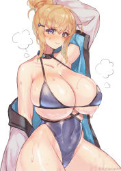 Rule 34 | 1girl, arm up, armpits, bare shoulders, bikini, blonde hair, blue eyes, blush, breasts, chamame, cleavage, covered navel, habetrot (last origin), hair bun, hair ornament, hairclip, highres, large breasts, last origin, mole, mole on breast, single hair bun, solo, sweat, swimsuit, white background