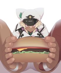 Rule 34 | 1girl, barefoot, blonde hair, blush, burger, close-up, dark skin, feet, food, foot focus, foreshortening, guilty gear, guilty gear strive, hat, highres, looking at viewer, maidforge, ramlethal valentine, simple background, simulated footjob, solo, tan, toe scrunch, toeless legwear, toenails, toes, white background