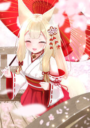 Rule 34 | 1girl, ^ ^, absurdres, animal ear fluff, animal ears, arms at sides, bell, blonde hair, bow, cherry blossoms, choker, closed eyes, commission, cowboy shot, detached sleeves, dot nose, falling petals, fox ears, fox girl, fox tail, from above, hair ornament, hair ribbon, hakama, hakama skirt, happy, hexagon, highres, holding, holding petal, holding umbrella, japanese clothes, kanzashi, kosode, lens flare, light blush, long hair, low-tied sidelocks, miko, neck bell, oil-paper umbrella, open mouth, outdoors, parasol, petals, pink nails, red bow, red choker, red hakama, red ribbon, red umbrella, ribbon, shiny lips, skeb commission, skirt, smile, solo, standing, tail, tongue, tsumami kanzashi, tsuri pi, umbrella, white sleeves, wide sleeves