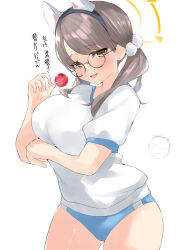 Rule 34 | 1girl, animal ears, arm under breasts, blue archive, blue buruma, blush, breasts, brown hair, buruma, candy, fake animal ears, food, glasses, gym uniform, halo, head tilt, highres, holding, holding candy, holding food, large breasts, lollipop, looking at viewer, moe (blue archive), pom pom (clothes), rabbit ears, round eyewear, ryoutsu, short sleeves, simple background, smile, solo, translation request, twintails, white background, yellow eyes