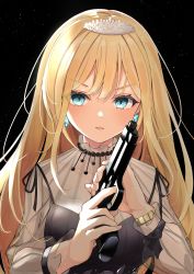 Rule 34 | 1girl, absurdres, anbasa (amaneyuz13), black background, black dress, blonde hair, blue eyes, bracelet, breasts, dress, earrings, gold bracelet, gun, handgun, highres, hololive, hololive english, jewelry, large breasts, looking at viewer, official alternate costume, open mouth, pistol, see-through, simple background, solo, tiara, virtual youtuber, watson amelia, watson amelia (party dress), weapon