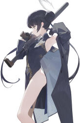 Rule 34 | 1girl, armpits, black coat, black dress, black eyes, black gloves, black hair, blue archive, breasts, china dress, chinese clothes, coat, commentary, dragon print, dress, expressionless, feet out of frame, from side, gloves, gun, hair bun, halo, highres, holding, holding gun, holding weapon, kisaki (blue archive), long hair, looking ahead, looking down, modare, open clothes, open coat, pelvic curtain, profile, simple background, single bare shoulder, single side bun, sleeveless, sleeveless dress, small breasts, solo, thighs, weapon, white background