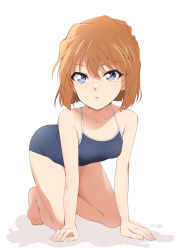 Rule 34 | 1girl, all fours, bare arms, bare legs, barefoot, blue eyes, blue one-piece swimsuit, brown hair, collarbone, female focus, full body, haibara ai, hair between eyes, highres, kaiga, medium hair, meitantei conan, one-piece swimsuit, open mouth, school swimsuit, short hair, simple background, solo, spaghetti strap, straight hair, swimsuit, thighs, white background
