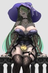 Rule 34 | 1girl, absurdres, antlers, arm support, azisugito, bare shoulders, black nails, breasts, ceres fauna, choker, cleavage, commentary request, dangle earrings, detached sleeves, ear piercing, earrings, food, fruit, green eyes, green hair, hair over one eye, hat, heart, heart choker, highres, hololive, hololive english, horns, jewelry, lace sleeves, large breasts, leotard, long hair, mole, mole under eye, necklace, open mouth, piercing, railing, sitting, strap, thick thighs, thigh strap, thighhighs, thighs, thorns, tree horns, virtual youtuber, white background, witch, witch hat, yellow eyes