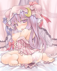 Rule 34 | 1girl, ass, bad id, bad pixiv id, barefoot, blush, breasts, crescent, female focus, from behind, hair ribbon, hat, highres, lace, large breasts, long hair, looking back, nipples, nyagakiya, off shoulder, open mouth, panties, patchouli knowledge, purple eyes, purple hair, ribbon, sitting, solo, touhou, underwear, wariza, white panties