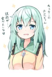 Rule 34 | 1girl, alternate hair length, alternate hairstyle, blue eyes, blush, breasts, commentary, drooling, frilled shirt collar, frills, green hair, komeiji koishi, long hair, long sleeves, looking at viewer, medium breasts, mouth drool, no headwear, no headwear, ominaeshi (takenoko), parted lips, sidelocks, solo, touhou, translated, upper body