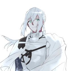 Rule 34 | 1boy, armor, bedivere (fate), cape, fate/grand order, fate (series), green eyes, hair between eyes, hair tubes, highres, kiriti aj, korean commentary, long hair, looking at viewer, low twintails, male focus, prosthesis, prosthetic arm, sidelocks, simple background, smile, solo, twintails, upper body, white armor, white background, white cape