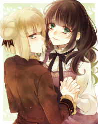 Rule 34 | 1boy, 1girl, absurdres, blonde hair, blush, brother and sister, brown hair, cardia beckford, clip studio paint (medium), code:realize, double bun, dress, finis, green eyes, holding hands, highres, hoshi no pon, long sleeves, siblings, upper body
