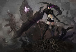 Rule 34 | 1girl, armor, belt, black hair, black rock shooter, black rock shooter (character), boots, chain, commentary, flaming eye, gauntlets, greaves, grey background, highres, huge weapon, insane black rock shooter, long hair, loose belt, navel, purple eyes, rock, scar, shorts, solo, sword, thighhighs, twilight pharmacist, twintails, uneven twintails, weapon