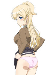 Rule 34 | 1girl, ass, blonde hair, blue eyes, blush, breasts, closed mouth, clothes lift, feet out of frame, from behind, highres, hiraizumi (mugenkidousha), large breasts, lifting own clothes, long hair, looking back, panties, pink panties, ponytail, regalia the three sacred stars, school uniform, shiny skin, simple background, skirt, skirt lift, solo, standing, tears, underwear, wedgie, white background, yuinshiel asteria
