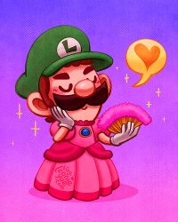 Rule 34 | 1boy, artist name, blush, brown hair, closed eyes, closed mouth, crossdressing, dress, facial hair, gem, gloves, gradient background, green hat, hand fan, hand on own face, happy, hat, heart, holding, holding fan, leonieyue, luigi, making-of, male focus, mario &amp; luigi: superstar saga, mario &amp; luigi rpg, mario (series), mixed-language commentary, mustache, nintendo, pink background, pink dress, purple background, rocket launcher, rpg (weapon), shadow, simple background, smile, solo, sparkle, speech bubble, thick eyebrows, weapon, white gloves