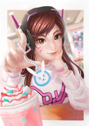Rule 34 | + +, 1girl, beads, blurry, brown eyes, brown hair, casual, charm (object), clothes writing, cup, d.va (overwatch), depth of field, dessert, drink, emblem, eyelashes, facial mark, food, head rest, headphones, index finger raised, indoors, krit parnsanay, lips, long hair, long sleeves, looking at viewer, mecha, meka (overwatch), nail art, nail polish, nose, overwatch, overwatch 1, pink nails, pov across table, reaching, restaurant, robot, signature, smile, solo, sweater, swept bangs, tsurime, upper body, whipped cream, whisker markings, wristband