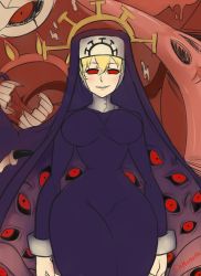 Rule 34 | 1girl, absurdres, blonde hair, blush, breasts, cowboy shot, cross, cross necklace, crown, double (skullgirls), dual persona, extra eyes, extra mouth, habit, highres, jewelry, large breasts, monster, monster girl, narrow waist, necklace, nun, parted lips, red eyes, sketch, skullgirls, smile, solo, tentacles, unfinished, wide hips