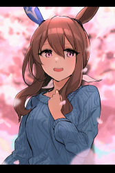 Rule 34 | 1girl, admire vega (umamusume), alternate costume, animal ears, blue sweater, brown hair, cherry blossoms, ear covers, falling petals, hair between eyes, hand on own chest, highres, horse ears, horse girl, hukahito, jewelry, letterboxed, long hair, long sleeves, necklace, open mouth, petals, pink eyes, single ear cover, solo, sweater, umamusume, upper body
