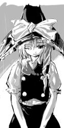 Rule 34 | 1girl, bow, dress, female focus, greyscale, hat, kirisame marisa, monochrome, one eye closed, ribbon, serious, solo, touhou, white background, witch hat
