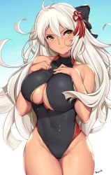 Rule 34 | 1girl, bare shoulders, black one-piece swimsuit, blue background, blush, breasts, cleavage, curvy, dark-skinned female, dark skin, fate/grand order, fate (series), highres, hip focus, large breasts, long hair, looking at viewer, majin saber, okita souji (fate), okita souji alter (fate), one-piece swimsuit, signature, solo, sweat, swimsuit, thick thighs, thighs, tony guisado, underboob, white hair, wide hips, yellow eyes