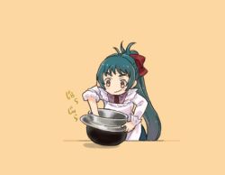 Rule 34 | 1girl, apron, beige background, bowl, brown eyes, commentary request, green hair, irako (kancolle), kantai collection, kappougi, long hair, mixing, necktie, ponytail, saiguchi otoufu, simple background, sleeves rolled up, smile, solo, thick eyebrows, upper body