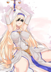 Rule 34 | 1girl, arms up, balance scale, black blindfold, blazingchaos, blindfold, blonde hair, breasts, bridal gauntlets, closed mouth, commentary, covered erect nipples, covered eyes, dress, elbow gloves, facing viewer, gem, gloves, goblin slayer!, hair between eyes, holding, jewelry, large breasts, lips, long hair, necklace, pelvic curtain, red gemstone, scar, scar on arm, scar on leg, scar on stomach, sideless outfit, sidelocks, sitting, solo, sword maiden, wariza, weighing scale, white dress, white veil