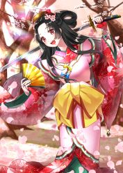 Rule 34 | 1girl, :d, black hair, blush, bow, day, floral print, flower, hair bow, hair flower, hair ornament, hair rings, hand fan, highres, hitsuji kumo, holding, holding sword, holding weapon, japanese clothes, jewelry, katana, kimono, long hair, open mouth, original, outdoors, paper fan, parted bangs, red bow, red eyes, ring, smile, solo, sunlight, sword, tree, weapon, wide sleeves