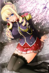 Rule 34 | 10s, 1girl, :o, absurdres, ankle boots, bertille althusser, black thighhighs, blonde hair, blue eyes, boots, breasts, cherry blossoms, drill hair, dutch angle, epaulettes, hair bun, highres, impossible clothes, impossible shirt, katsurai yoshiaki, lace, lace-trimmed legwear, lace trim, large breasts, long hair, military, military uniform, school uniform, shirt, single hair bun, sitting, skirt, solo, stairs, thighhighs, twin drills, twintails, uniform, walkure romanze, zettai ryouiki