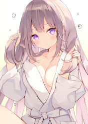 Rule 34 | 1girl, blue eyes, blush, breasts, clothing request, collarbone, commentary request, gedou (shigure seishin), grey hair, highres, holding, holding own hair, large breasts, long hair, looking at viewer, original, pink eyes, pink hair, simple background, smile, solo, white background