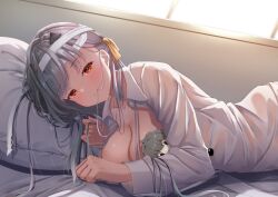 Rule 34 | 1girl, bandaged hand, bandages, breasts, character doll, cleavage, closed mouth, collarbone, doll, goddess of victory: nikke, grey hair, hair between eyes, hair in own mouth, hair ornament, hair ribbon, holding, holding doll, large breasts, long hair, long sleeves, looking at viewer, lying, modernia (first affection) (nikke), modernia (nikke), oimo imoya, on bed, on side, pillow, red eyes, ribbon, see-through, see-through shirt, shirt, sleeves past wrists, smile, solo, white shirt, yellow ribbon