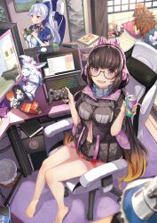 Rule 34 | 3girls, bag of chips, barefoot, book, brown hair, can, chair, computer, controller, cup, desk, drink can, fate/grand order, fate (series), food, fou (fate), game controller, gaming chair, glasses, grey hair, headphones, highres, jinako carigiri, laptop, long hair, low twintails, multiple girls, navel, osakabehime (fate), osakabehime (swimsuit archer) (fate), osakabehime (swimsuit archer) (first ascension) (fate), pink eyes, pocky, ponytail, red eyes, stylus, swivel chair, taka.yana, tomoe gozen (fate), tomoe gozen (swimsuit saber) (fate), tomoe gozen (swimsuit saber) (first ascension) (fate), twintails, yunomi