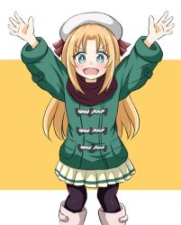 Rule 34 | 1girl, :d, arms up, beret, black pantyhose, blonde hair, blue eyes, blush, boots, brown scarf, coat, commentary request, duffel coat, feet out of frame, game center shoujo to ibunka kouryuu, green coat, happy, hat, lily baker, long hair, long sleeves, looking at viewer, o/, open mouth, outstretched arms, pantyhose, pleated skirt, scarf, skirt, smile, solo, split mouth, standing, two-tone background, white background, white footwear, white hat, white skirt, yellow background, yuu kurema