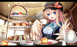 Rule 34 | 1girl, black hat, blonde hair, blue eyes, blurry, blurry background, breasts, burger, character name, cleavage, cleavage cutout, clothing cutout, collared shirt, commission, cup, flower, food, fork, ggnbsky, green neckerchief, harpy, hat, hat ribbon, highres, holding, holding cup, holding fork, indie virtual youtuber, knife, long hair, macaron, mavia (vtuber), medium breasts, monster girl, neckerchief, open mouth, pink ribbon, plate, ribbon, sandwich, saucer, shirt, skeb commission, solo, sparkle, teacup, teapot, thank you, twitter username, virtual youtuber, yellow wings