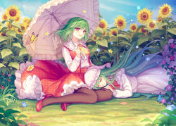 Rule 34 | 2girls, ascot, blue flower, blue sky, bow, bowtie, brown legwear, bug, butterfly, capelet, chinese commentary, closed eyes, cloud, commentary request, day, dress, dual persona, field, flower, flower field, frilled shirt collar, frills, grass, green hair, grin, hand up, hat, high heels, holding, holding umbrella, insect, kazami yuuka, kazami yuuka (pc-98), long hair, long sleeves, looking at viewer, lying, mirror (xilu4), multiple girls, nemophila (flower), nightcap, nightgown, on side, outdoors, pantyhose, petticoat, pink capelet, pink dress, pink flower, pink headwear, pink umbrella, plaid, plaid skirt, plaid vest, purple flower, red bow, red eyes, red flower, red footwear, red neckwear, red skirt, red vest, shirt, short hair, skirt, skirt set, sky, sleeping, smile, sunflower, sunflower field, touhou, touhou (pc-98), umbrella, very long hair, vest, white shirt, yellow neckwear