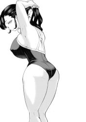 Rule 34 | 1girl, adjusting hair, armpits, arms behind head, arms up, ass, black hair, breasts, greyscale, highres, huge breasts, knees up, looking at viewer, looking back, monochrome, nishi yoshiyuki, one-piece swimsuit, original, school swimsuit, sideboob, simple background, solo, standing, swimsuit, thick thighs, thighs, white background