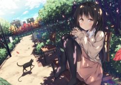 Rule 34 | 1girl, animal, bag, bench, black cat, black hair, black thighhighs, blue sky, bow, brown eyes, brown neckwear, brown skirt, brown sweater, building, can, cat, cloud, cloudy sky, collared shirt, commentary request, day, dutch angle, earbuds, earphones, fingernails, hair ornament, hairclip, hands up, hatsuki kaname, holding, holding can, lamppost, leaf, long hair, long sleeves, looking at viewer, no shoes, on bench, original, outdoors, park bench, parted lips, pleated skirt, school bag, shade, shirt, sign, sitting, skirt, sky, sleeves past wrists, solo, sweater, thighhighs, tree, tree shade, very long hair, white shirt