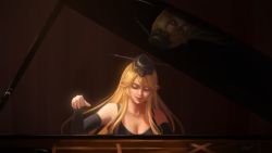 Rule 34 | 1girl, alternate costume, arise (allicenogalca), black background, blonde hair, breasts, chiaroscuro, cleavage, closed eyes, closed mouth, commentary request, detached sleeves, facing viewer, grand piano, hand up, headgear, highres, instrument, iowa (kancolle), kantai collection, lips, lipstick, long hair, makeup, mascara, music, piano, playing instrument, red lips, reflection, simple background, sleeveless, smile, solo